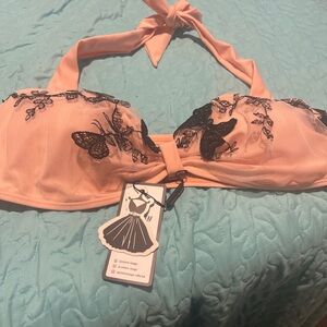 Elegant Peach and Black Embroidered Women's  Bathing Suit top Sz XL Retro Stage